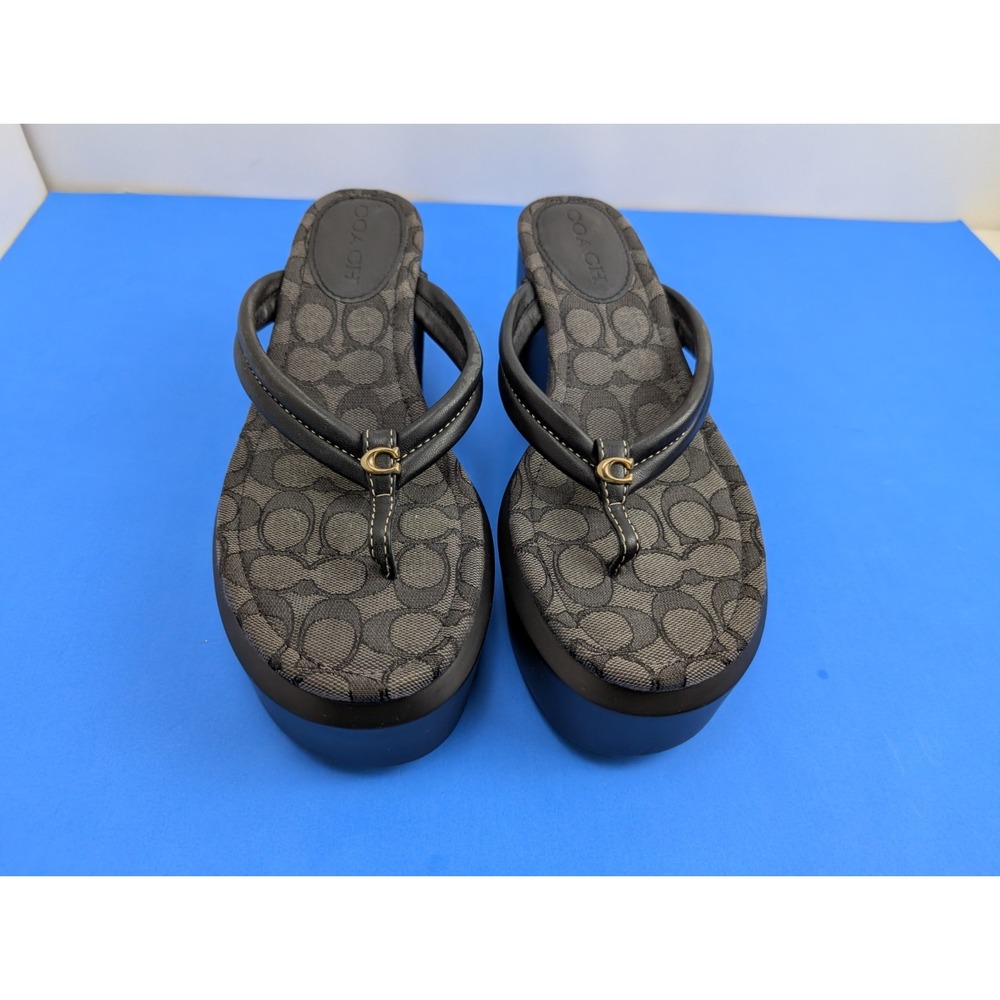 Coach Franki Black Leather Platform Wedge Sandals Size 10